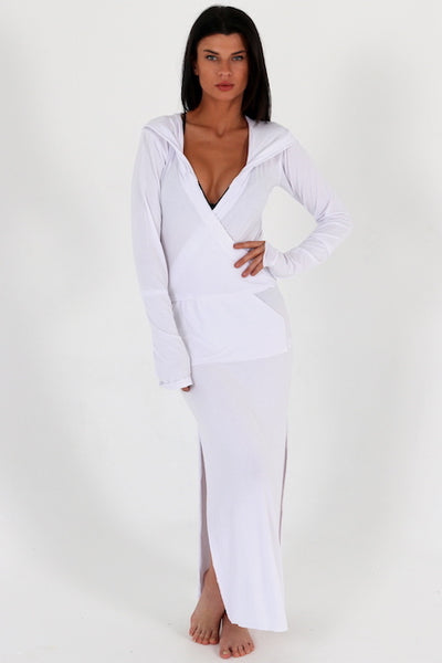Full length long sleeve hooded beach coverup by Swimspiration. 