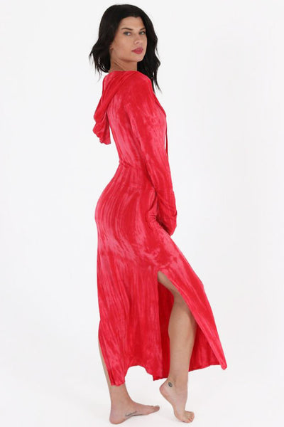 Full length red long sleeve hooded beach coverup by Swimspiration. 