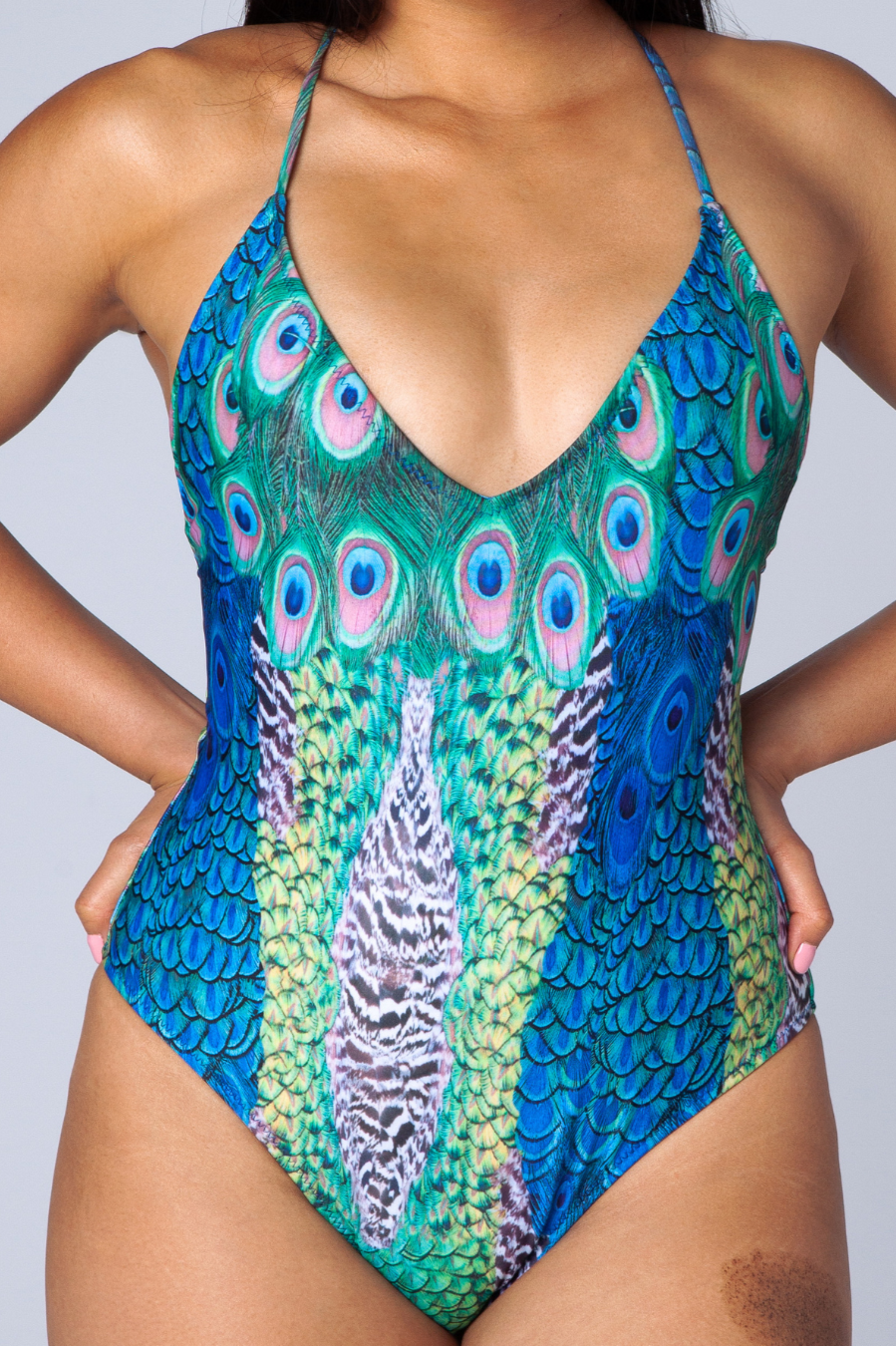 Peacock Maillot by Swimspiration with Labradorite, Amethyst Purple, Peridot, and Blue Apatite Gems