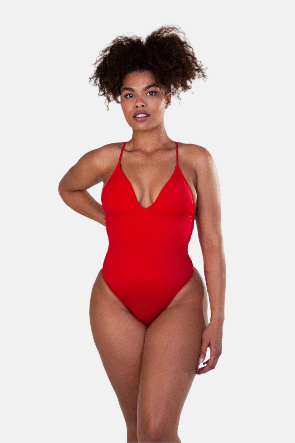 Cherry red one-piece swimsuit by Swimspiration embellished with Aqua Chalcedony and Moonstone