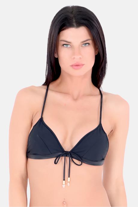 Black T-back bikini Top by Swimspiration embellished with pearl and clear Swarovski crystal.