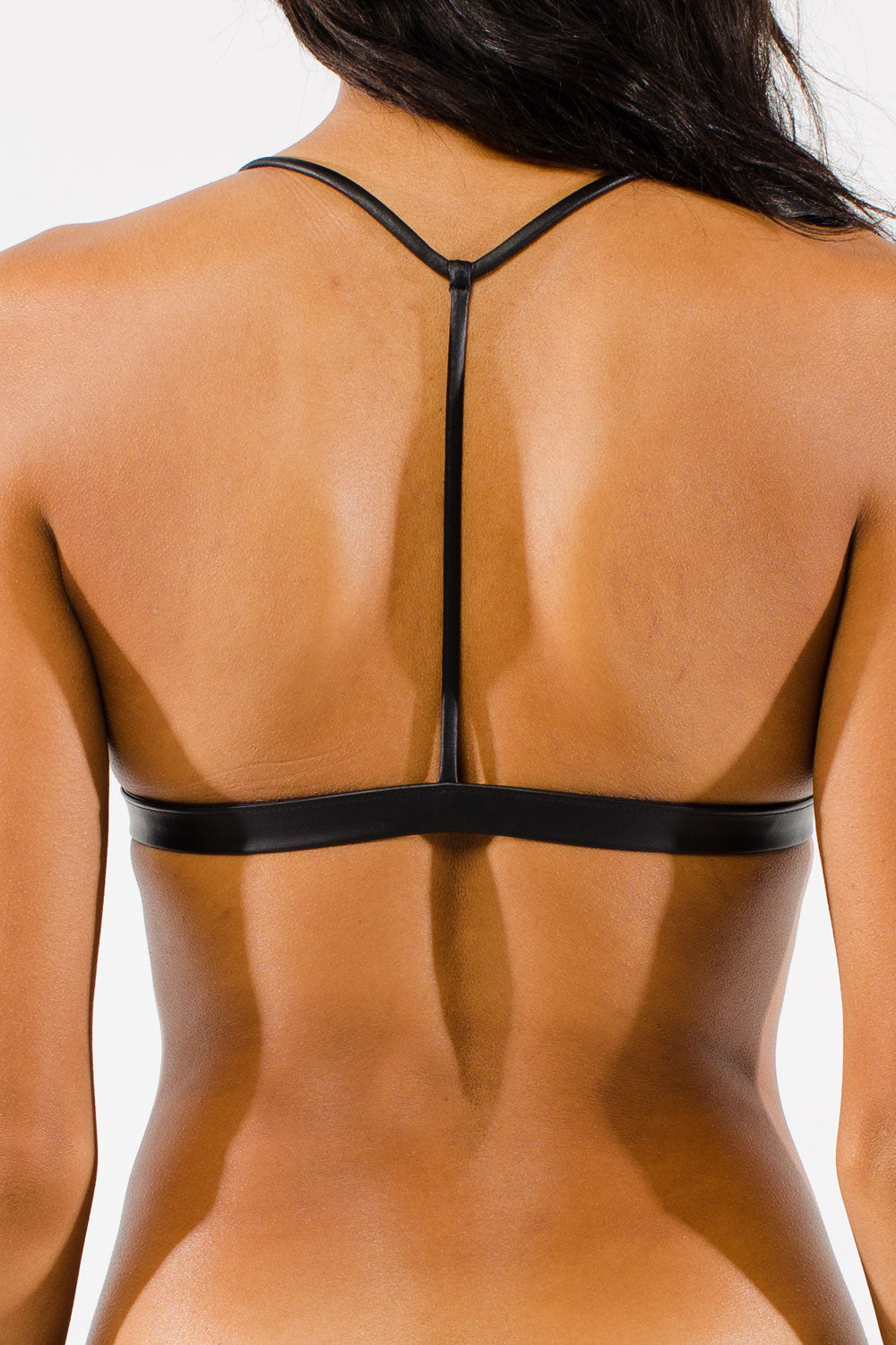 Black T-back bikini Top by Swimspiration embellished with pearl and clear Swarovski crystal.